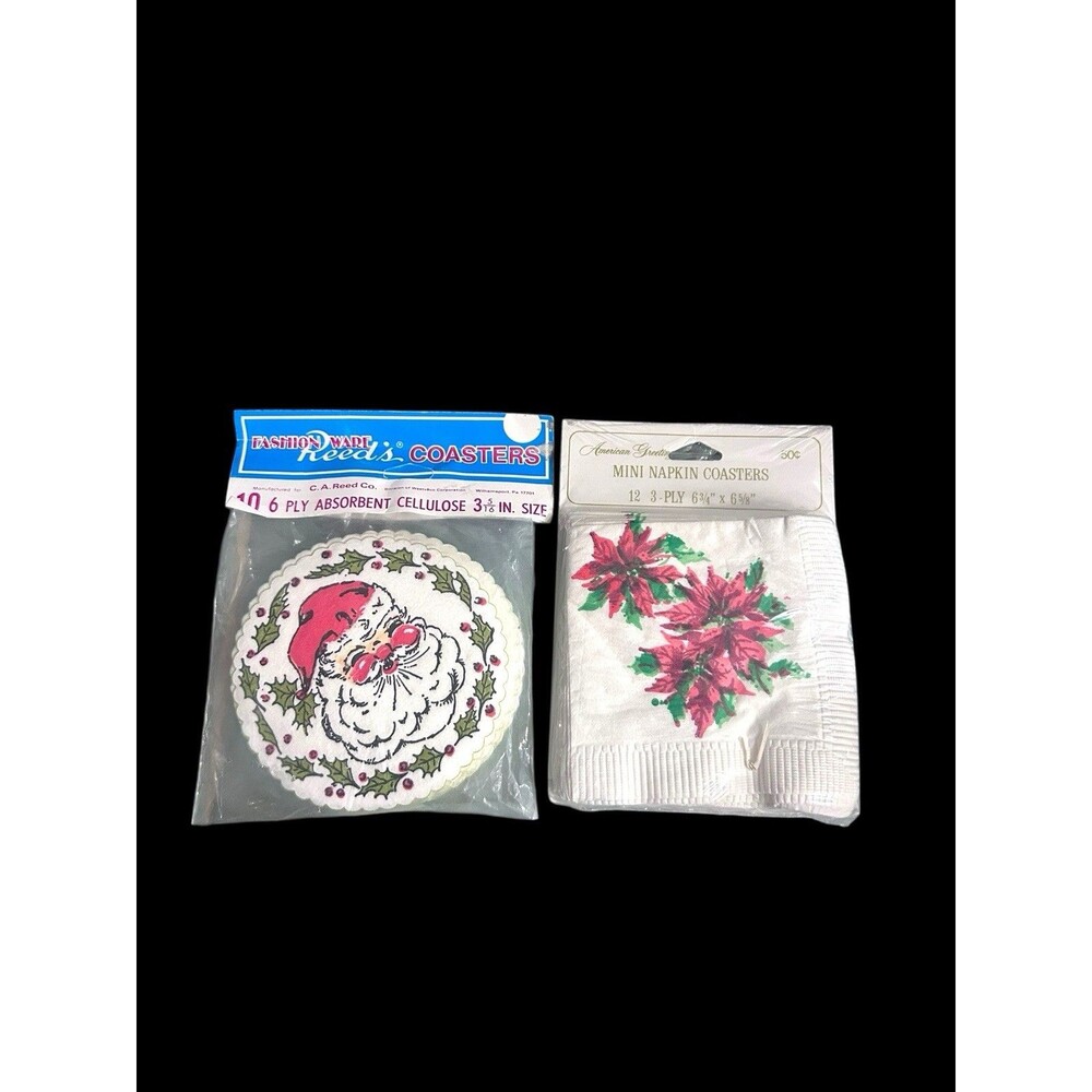 Vtg Set Of Christmas Party Napkin Coasters MCM Paper Drink Packs Kitschy NOS